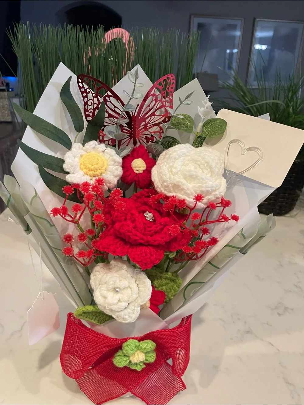 Handmade Red and White Crochet Flower Bouquet - Home Accent